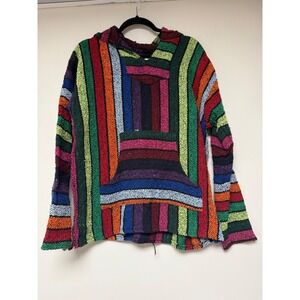 Iguana Jack Baja Hoodie Pullover Striped Colorful Festival Hippie Boho‎ Large